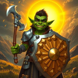 A young, muscular orc paladin with a dopey smile, proudly holding a sunray shield and wielding a silver axe