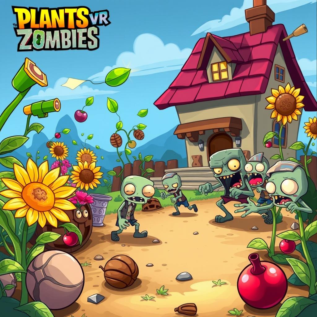 A vibrant illustration featuring characters from Plants vs Zombies engaged in an epic battle