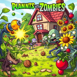 A vibrant illustration featuring characters from Plants vs Zombies engaged in an epic battle