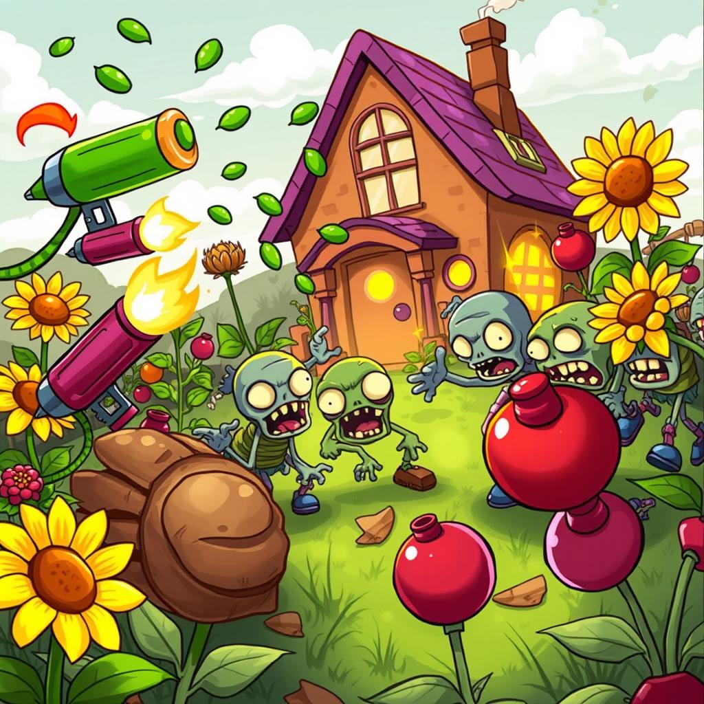 A vibrant illustration featuring characters from Plants vs Zombies engaged in an epic battle