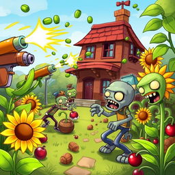 A vibrant illustration featuring characters from Plants vs Zombies engaged in an epic battle