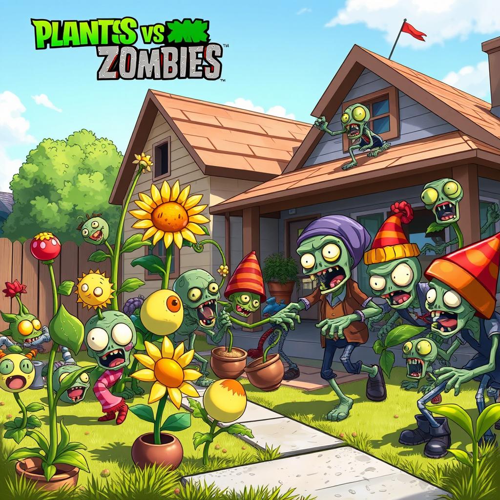 A dynamic and colorful illustration of plants and zombies from the video game 'Plants vs Zombies'