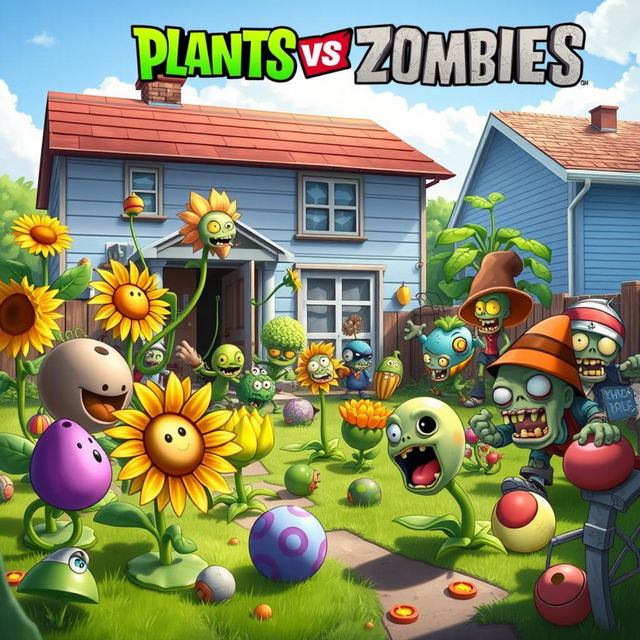 A dynamic and colorful illustration of plants and zombies from the video game 'Plants vs Zombies'