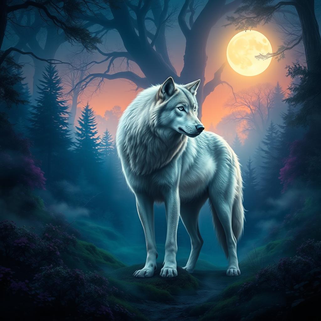 A majestic wolf standing in the midst of a dense, mystical forest during twilight