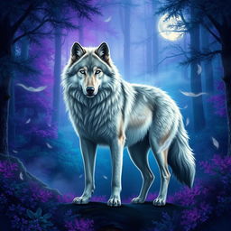 A majestic wolf standing in the midst of a dense, mystical forest during twilight