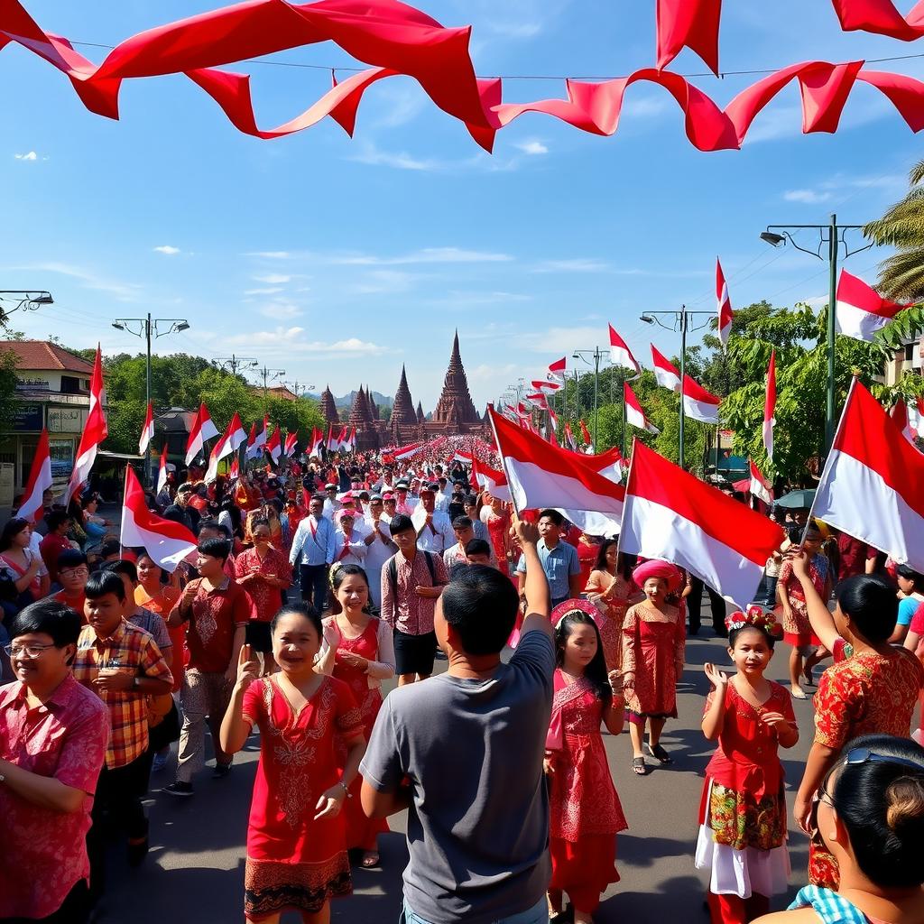 A festive celebration of Indonesia's Independence Day, featuring a lively parade with people wearing traditional Indonesian attire such as batik and kebaya, vibrant red and white flags adorning the streets, and joyful children and adults proudly showcasing cultural dances and music performances