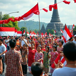 A festive celebration of Indonesia's Independence Day, featuring a lively parade with people wearing traditional Indonesian attire such as batik and kebaya, vibrant red and white flags adorning the streets, and joyful children and adults proudly showcasing cultural dances and music performances