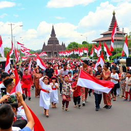 A festive celebration of Indonesia's Independence Day, featuring a lively parade with people wearing traditional Indonesian attire such as batik and kebaya, vibrant red and white flags adorning the streets, and joyful children and adults proudly showcasing cultural dances and music performances