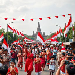 A festive celebration of Indonesia's Independence Day, featuring a lively parade with people wearing traditional Indonesian attire such as batik and kebaya, vibrant red and white flags adorning the streets, and joyful children and adults proudly showcasing cultural dances and music performances