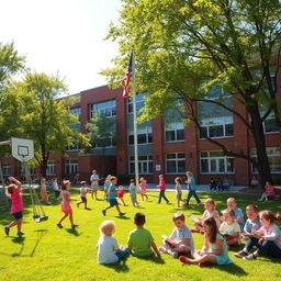 A vibrant schoolyard filled with children happily playing and engaging in various activities