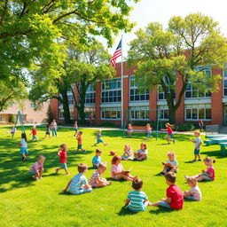 A vibrant schoolyard filled with children happily playing and engaging in various activities