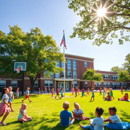 A vibrant schoolyard filled with children happily playing and engaging in various activities