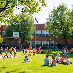 A vibrant schoolyard filled with children happily playing and engaging in various activities