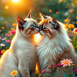 Two cats gently kissing each other, their fur softly illuminated by the golden light of sunset