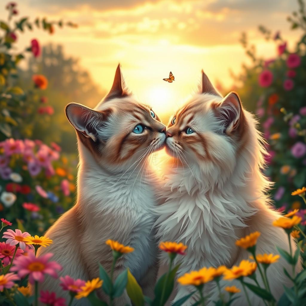 Two cats gently kissing each other, their fur softly illuminated by the golden light of sunset