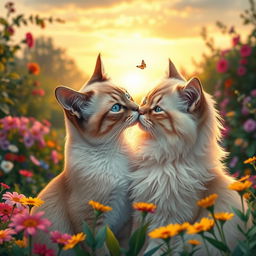 Two cats gently kissing each other, their fur softly illuminated by the golden light of sunset