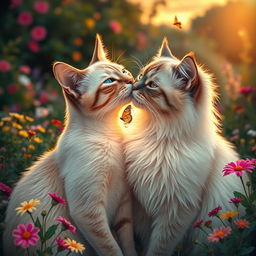 Two cats gently kissing each other, their fur softly illuminated by the golden light of sunset