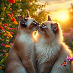 Two cats gently kissing each other, their fur softly illuminated by the golden light of sunset