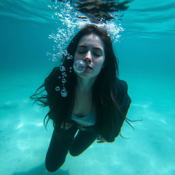 A serene scene underwater at the bottom of the sea featuring a drowned woman with long black hair and eyes peacefully closed