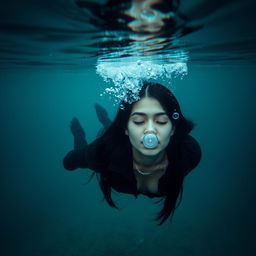 A serene scene underwater at the bottom of the sea featuring a drowned woman with long black hair and eyes peacefully closed