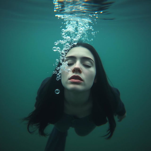 A serene scene underwater at the bottom of the sea featuring a drowned woman with long black hair and eyes peacefully closed