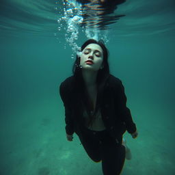 A serene scene underwater at the bottom of the sea featuring a drowned woman with long black hair and eyes peacefully closed