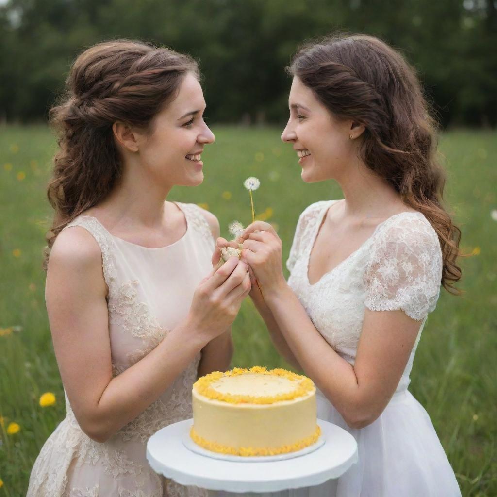 A romantic scene of a girl proposing to her girlfriend, holding artfully decorated cake adorned with dandelions