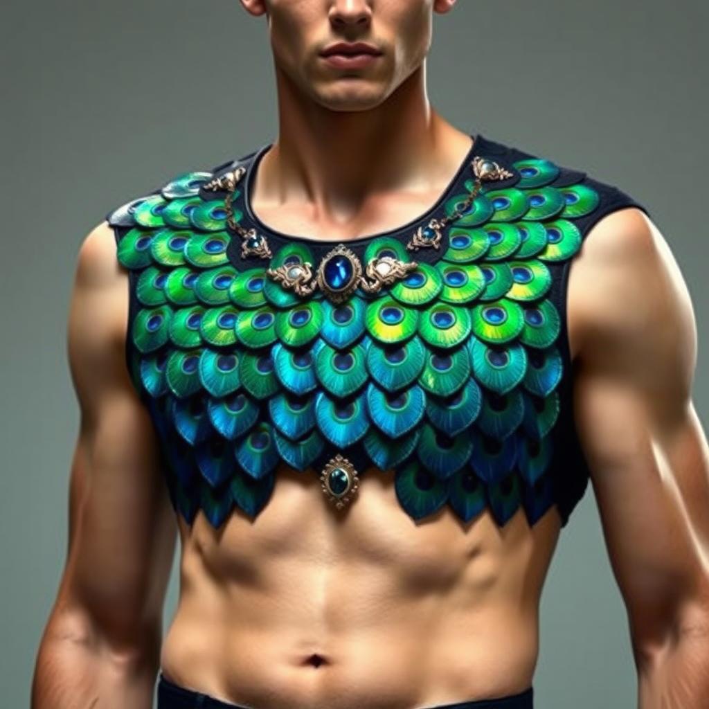 A contemporary high fashion male breastplate inspired by the majestic peacock