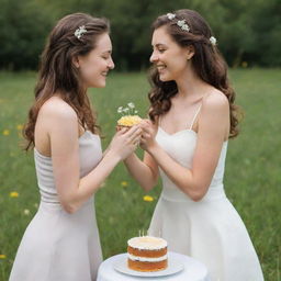 A romantic scene of a girl proposing to her girlfriend, holding artfully decorated cake adorned with dandelions