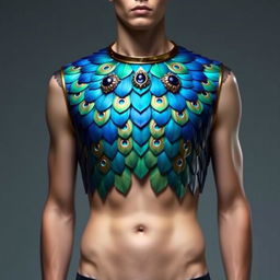 A contemporary high fashion male breastplate inspired by the majestic peacock