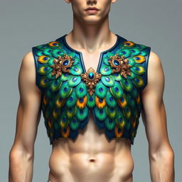 A contemporary high fashion male breastplate inspired by the majestic peacock