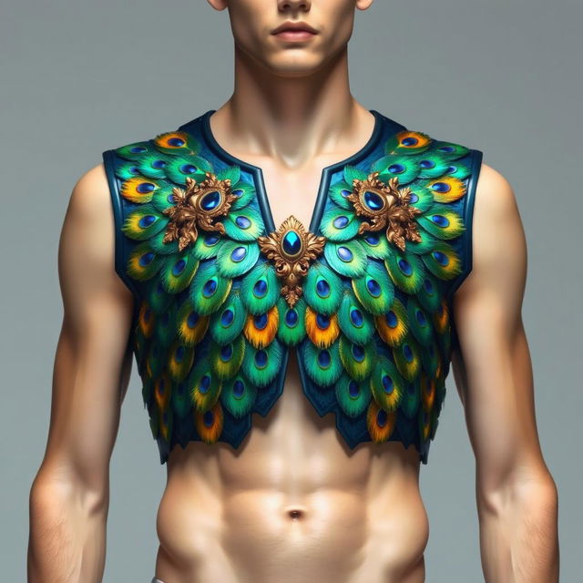 A contemporary high fashion male breastplate inspired by the majestic peacock