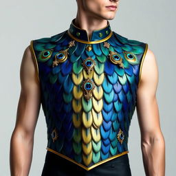 A contemporary high fashion male breastplate inspired by the majestic peacock