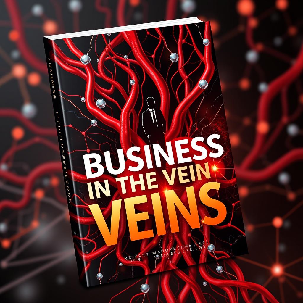 Design a 3D ebook cover for "Business in the Veins" featuring a surreal image of intertwined human veins embedded with circuit-like patterns running through them