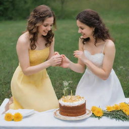 A romantic scene of a girl proposing to her girlfriend, holding artfully decorated cake adorned with dandelions