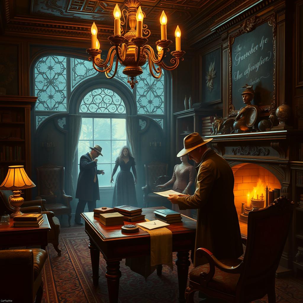 An intricate murder mystery scene depicting a dimly lit, opulent Victorian-era study room