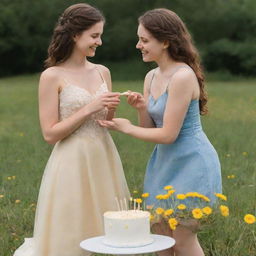 A romantic scene of a girl proposing to her girlfriend, holding artfully decorated cake adorned with dandelions