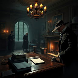 An intricate murder mystery scene depicting a dimly lit, opulent Victorian-era study room