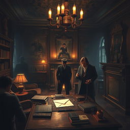 An intricate murder mystery scene depicting a dimly lit, opulent Victorian-era study room