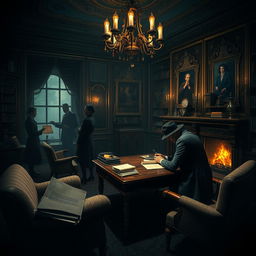 An intricate murder mystery scene depicting a dimly lit, opulent Victorian-era study room