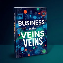 A captivating book cover design for 'Business in the Veins', prominently featuring dynamic elements related to the stock market