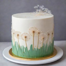 A beautifully decorated cake adorned with intricate dandelion designs, giving it a whimsical and charming aesthetic.