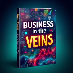 A captivating book cover design for 'Business in the Veins', prominently featuring dynamic elements related to the stock market