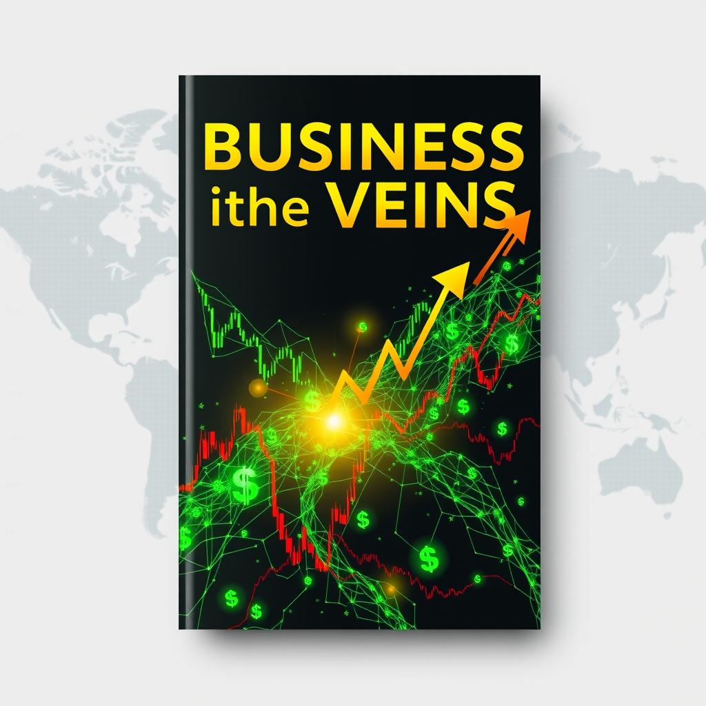 A captivating book cover design for 'Business in the Veins', incorporating dynamic elements of stock market imagery