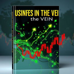 A captivating book cover design for 'Business in the Veins', incorporating dynamic elements of stock market imagery