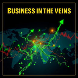 A captivating book cover design for 'Business in the Veins', incorporating dynamic elements of stock market imagery