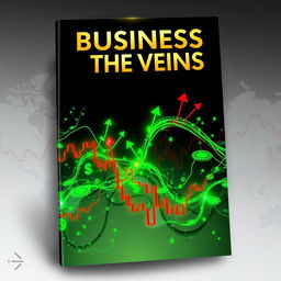 A captivating book cover design for 'Business in the Veins', incorporating dynamic elements of stock market imagery