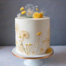 A beautifully decorated cake adorned with intricate dandelion designs, giving it a whimsical and charming aesthetic.