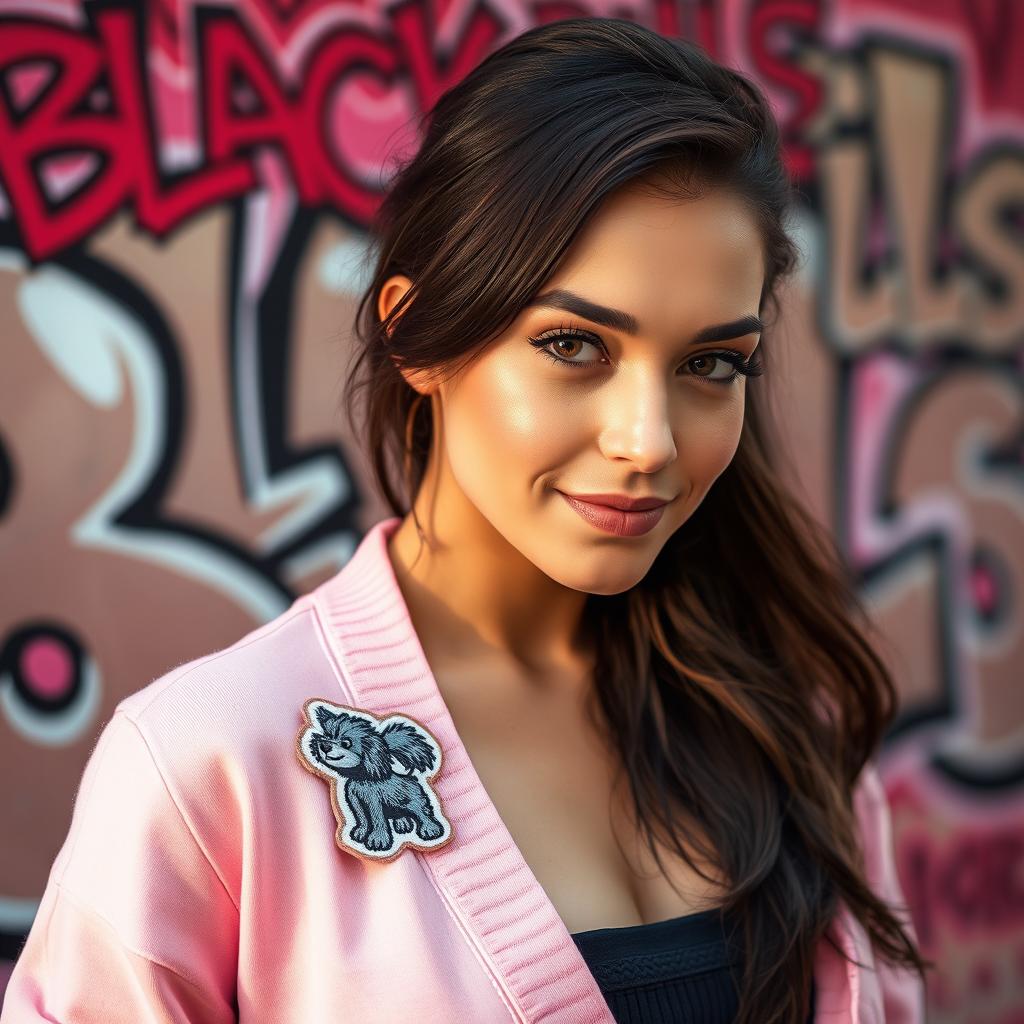 A close-up torso shot of a gorgeous brunette female with a smug smirk, wearing an unbuttoned pink cardigan featuring a Poodle patch