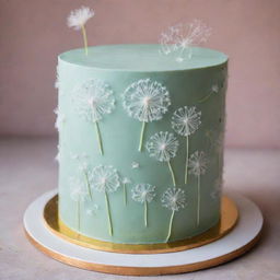 A beautifully decorated cake adorned with intricate dandelion designs, giving it a whimsical and charming aesthetic.